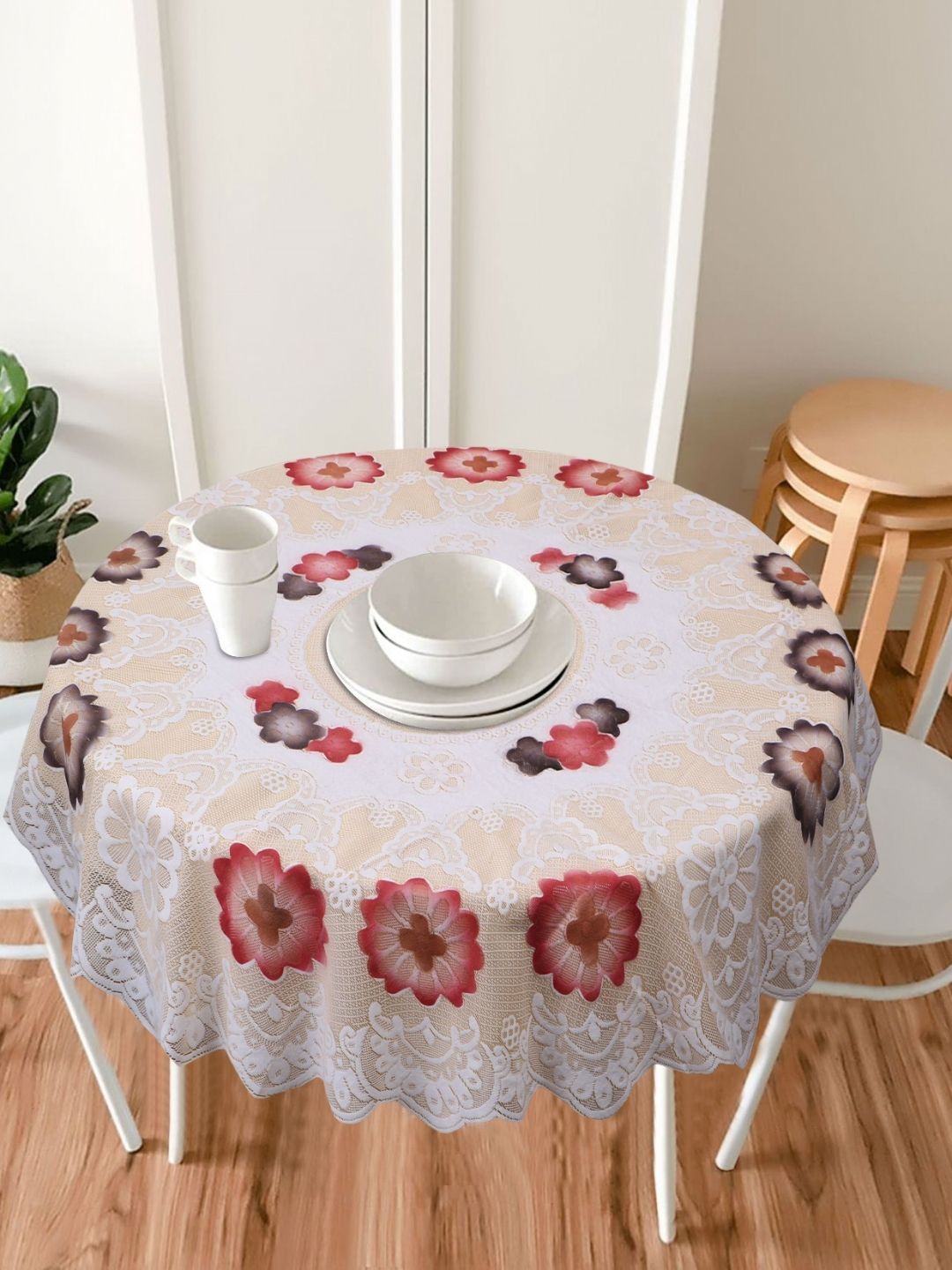 LooMantha Beige Floral Cotton Round 4-Seater Table Cover-picture-40