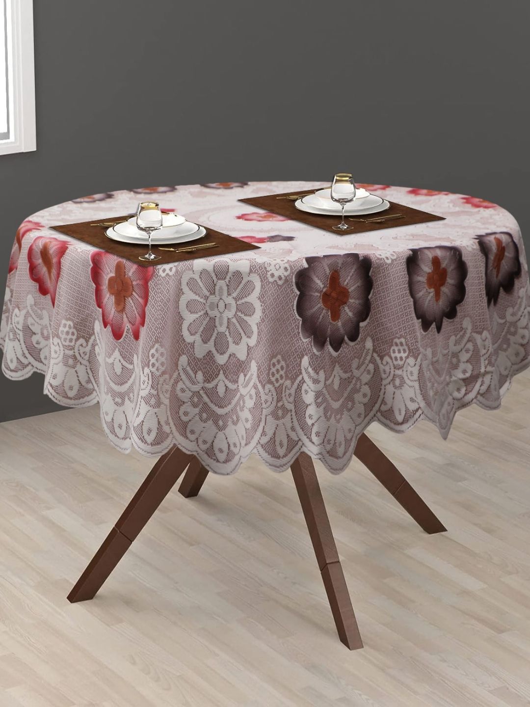 LooMantha Brown & White Floral Cotton Round 2-Seater Table Cover with Embroidered details-picture-19