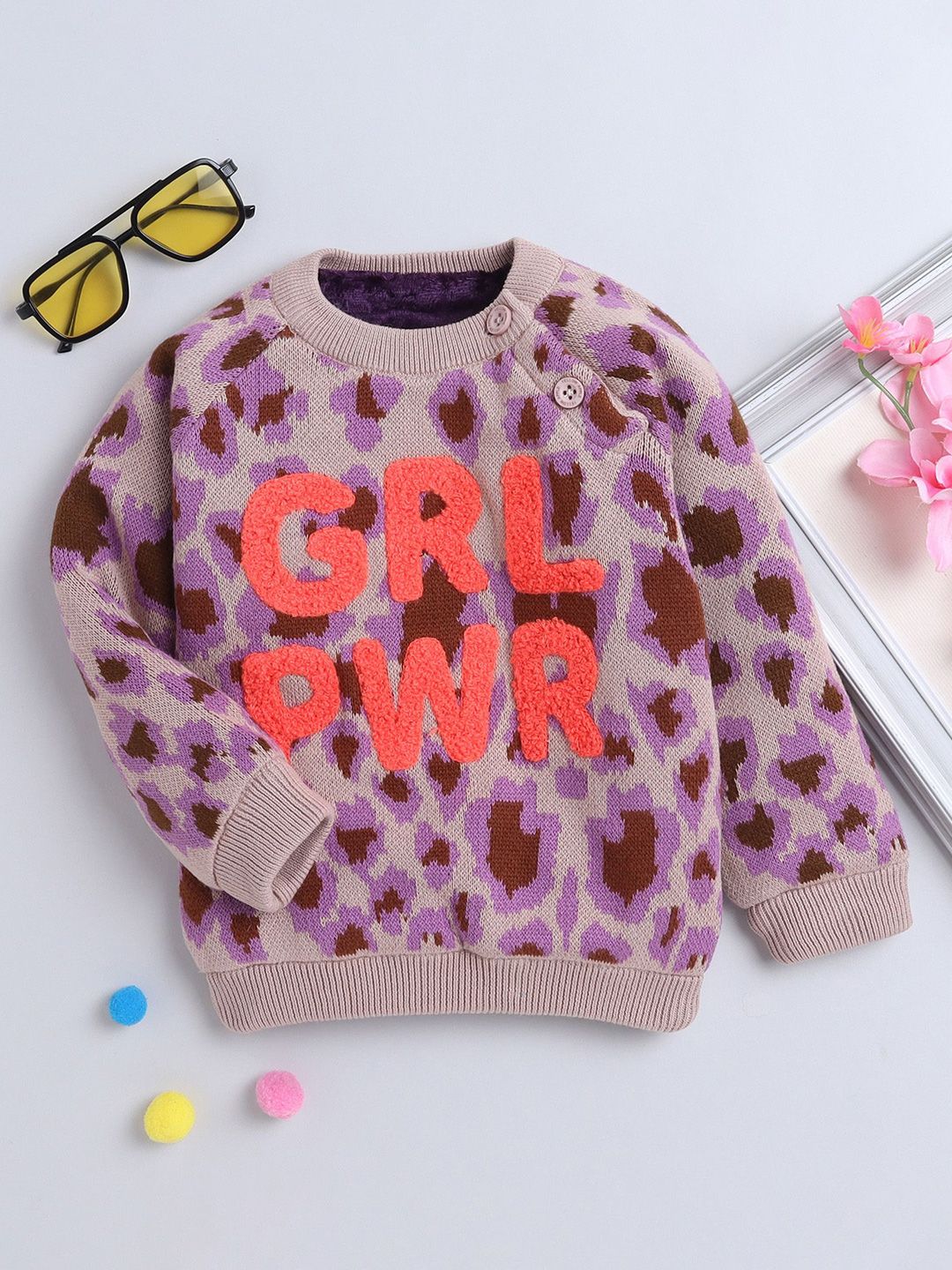 Yellow Apple Girls Typography Printed Woollen Pullover-picture-22