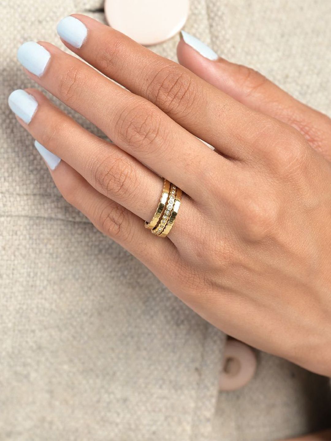 PALMONAS Set Of 3 Gold-Plated Stainless Steel Cubic Zirconia Studded Honeycomb Rings-image-9