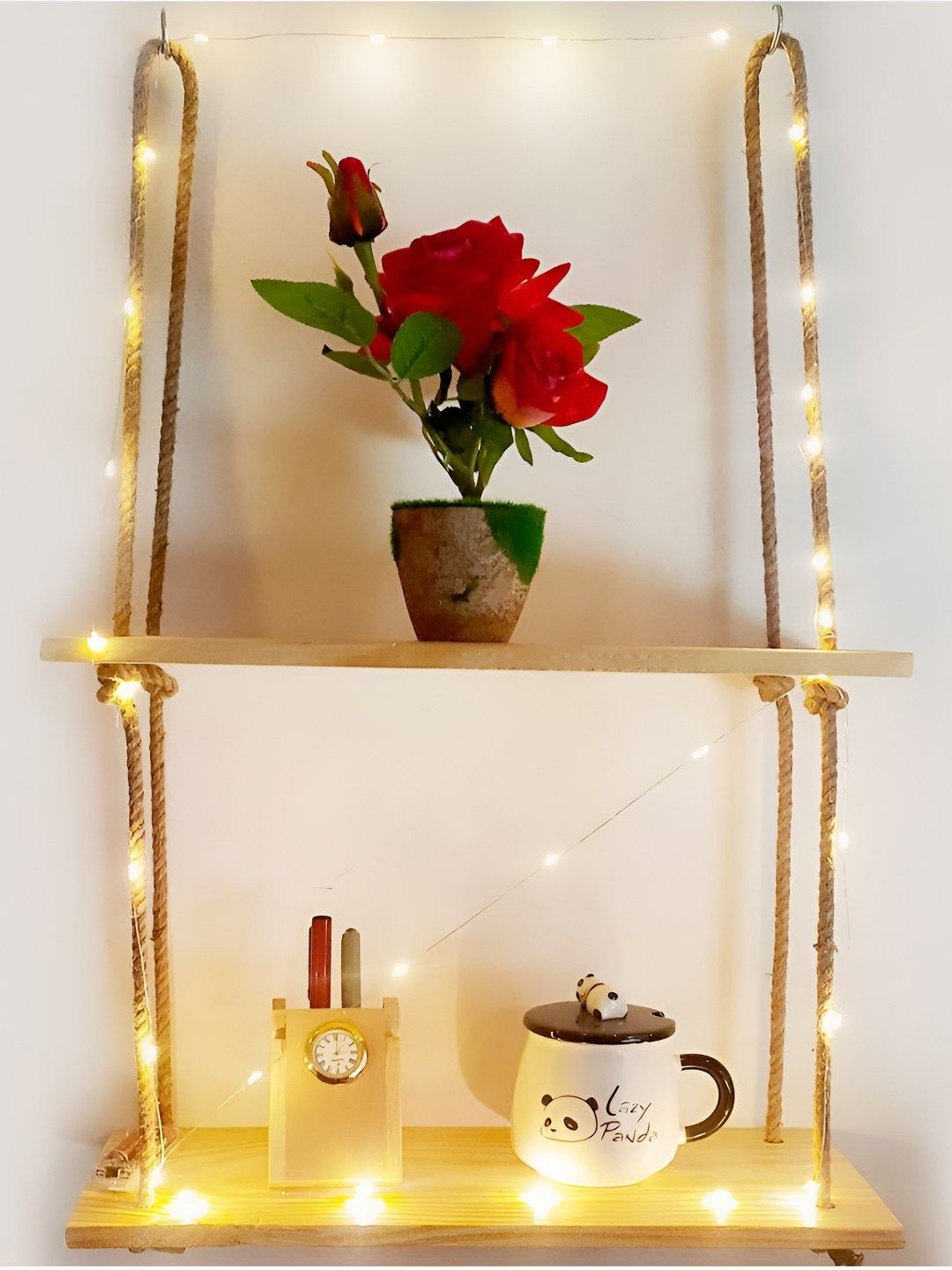 VAH Kya Bat Hai Brown Wood Pine 2 Layer LED Light Wall Hanging Shelf-image-2