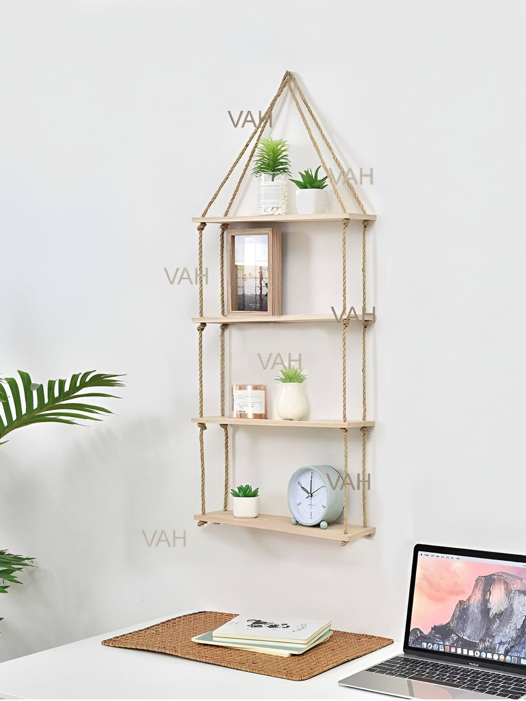 VAH Kya Bat Hai Beige Pine Wood Rustic Rope 4 Tier Wall Hanging Shelf-image-3