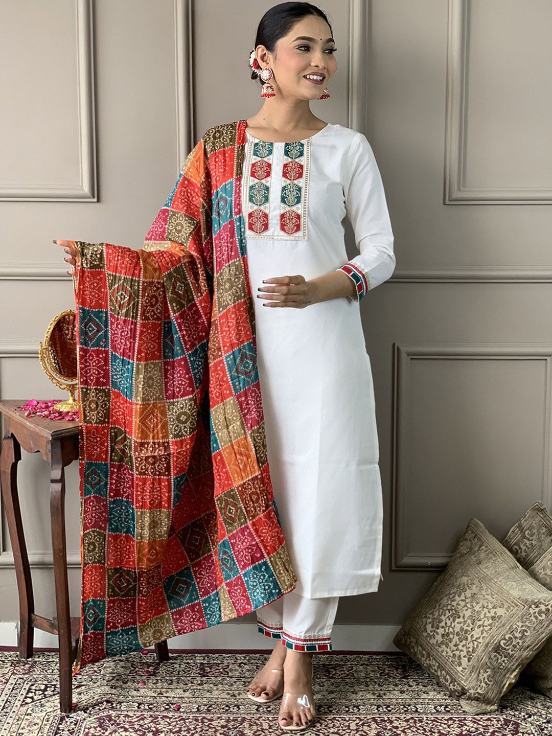 KALINI Women Bandhani Embroidered Regular Kurta with Trousers & With Dupatta-picture-14