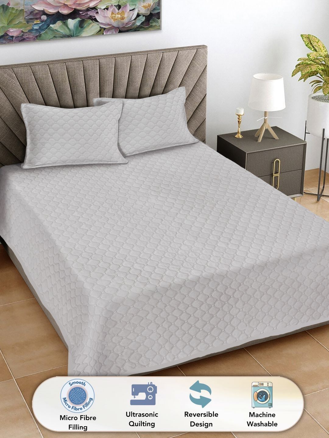 FABINALIV Mauve Colored Quilted Double King Bed Cover With 2 Pillow Covers-image-2