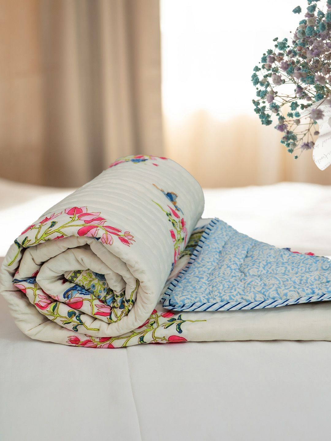 Baarno White & Blue Floral 300 GSM Single Bed Quilt-image-11