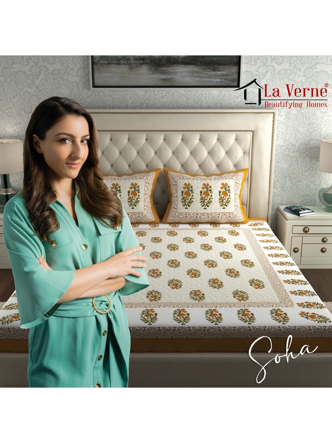 LA VERNE White & Mustard Floral 144 TC Cotton Queen Bedsheet With 2 Pillow Covers