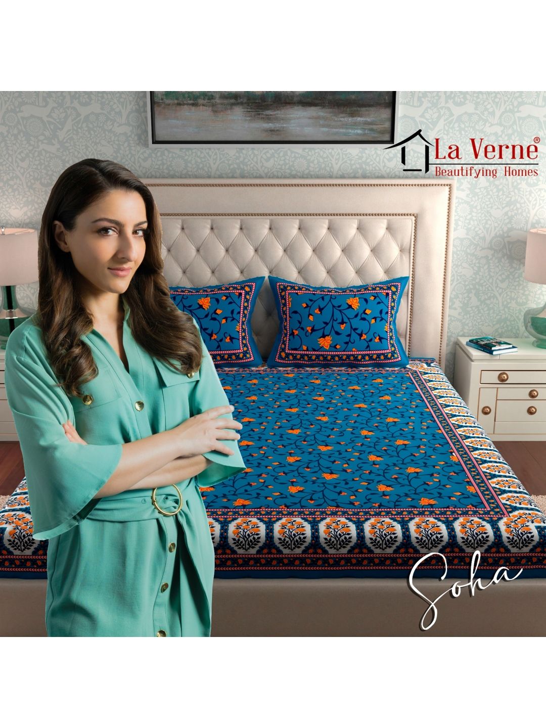 LA VERNE Blue & White Floral 144 TC Cotton Queen Bedsheet With 2 Pillow Covers-image-15