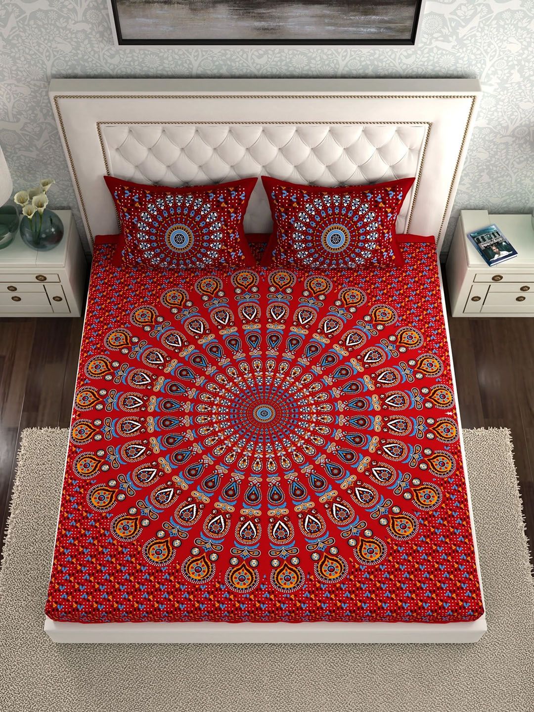 LA VERNE Red & Blue Geometric 144 TC Cotton Queen Bedsheet With 2 Pillow Covers-image-19