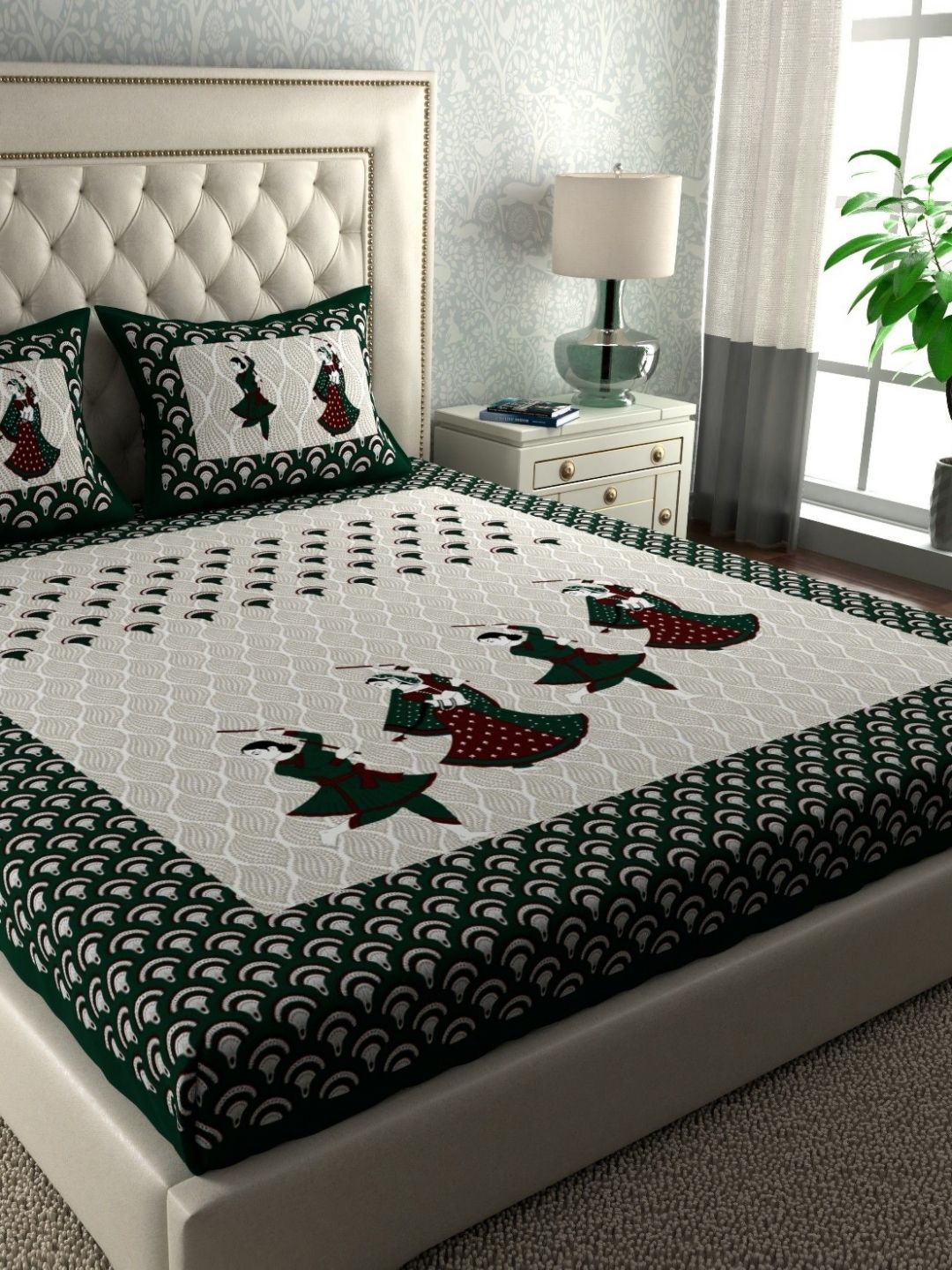 LA VERNE Green & White Abstract 144 TC Cotton Queen Bedsheet With 2 Pillow Covers-picture-3