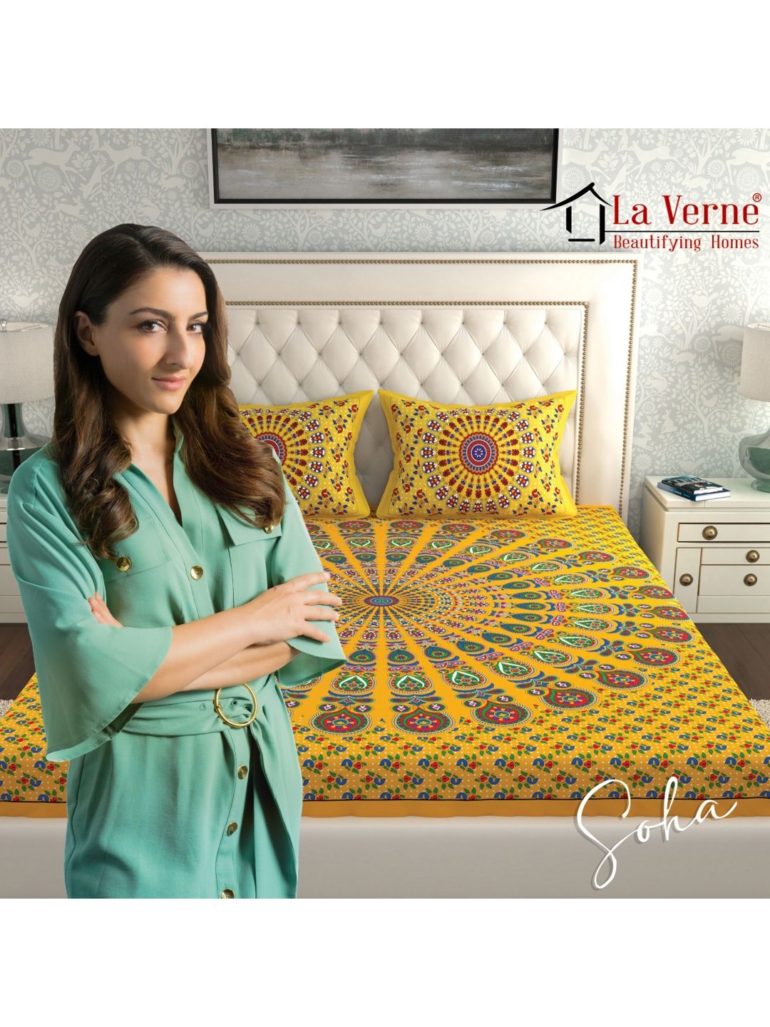 LA VERNE Mustard & Red Geometric 144 TC Queen Bedsheet with 2 Pillow Covers-picture-38