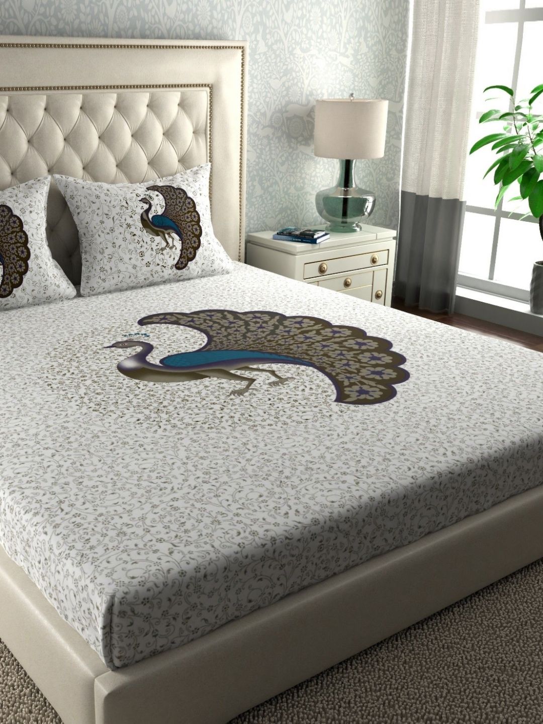LA VERNE Beige & Green Graphic 144 TC Queen Bedsheet with 2 Pillow Covers-picture-31