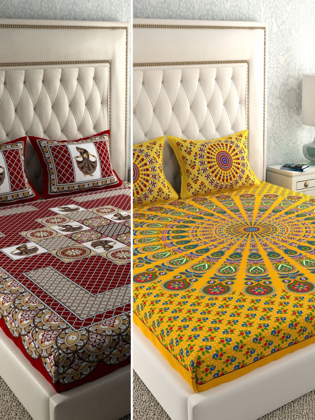 LA VERNE Red & Yellow Graphic 104 TC 2 Queen Bedsheet with 4 Pillow Covers-picture-21