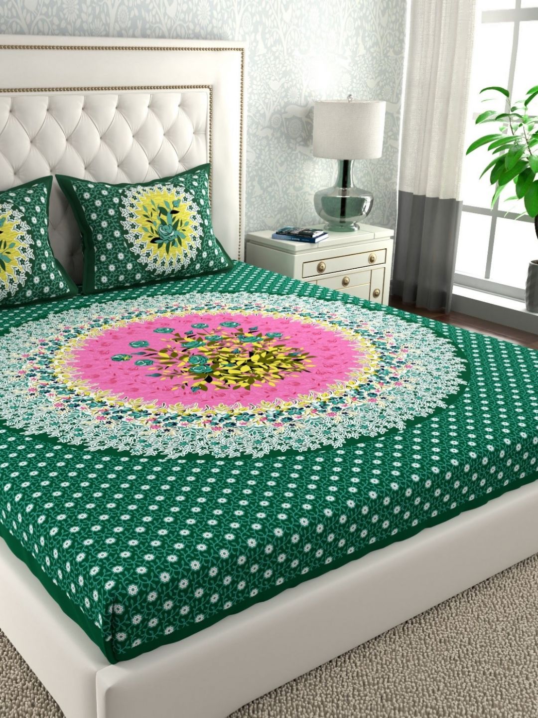 LA VERNE Green & Pink Floral 144 TC Queen Bedsheet with 2 Pillow Covers-picture-45