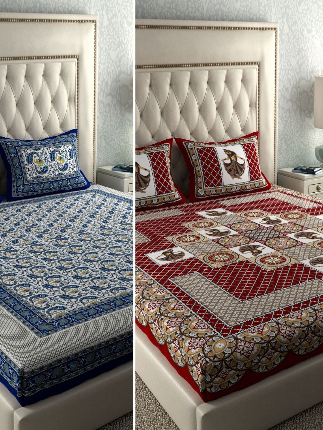 LA VERNE Blue & Maroon Graphic 104 TC 2 Queen Bedsheet with 4 Pillow Covers-picture-10