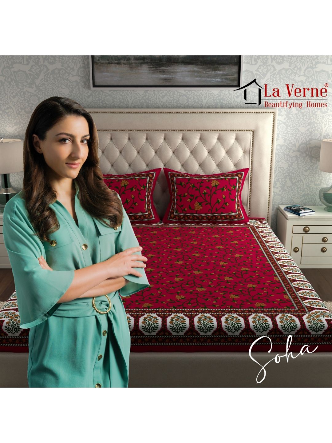 LA VERNE Maroon & Green Geometric 144 TC Queen Bedsheet with 2 Pillow Covers-image-3