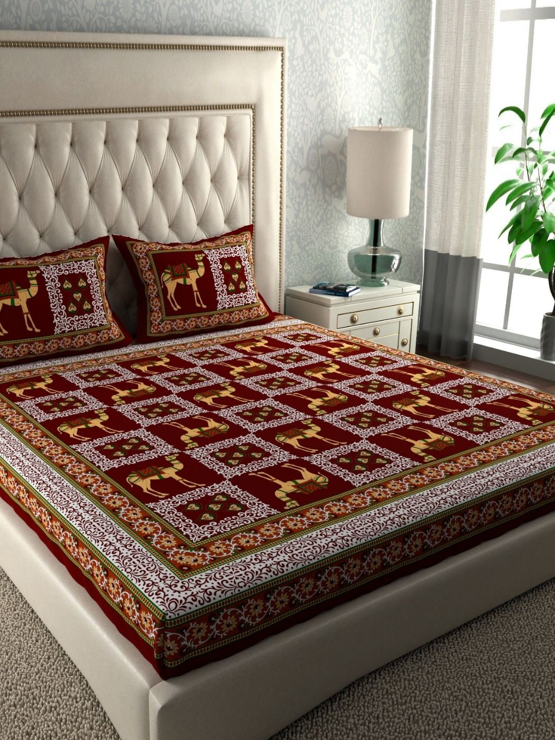 LA VERNE Maroon & Cream-Coloured Ethnic Motifs 144 TC Queen Bedsheet with 2 Pillow Covers-image-5