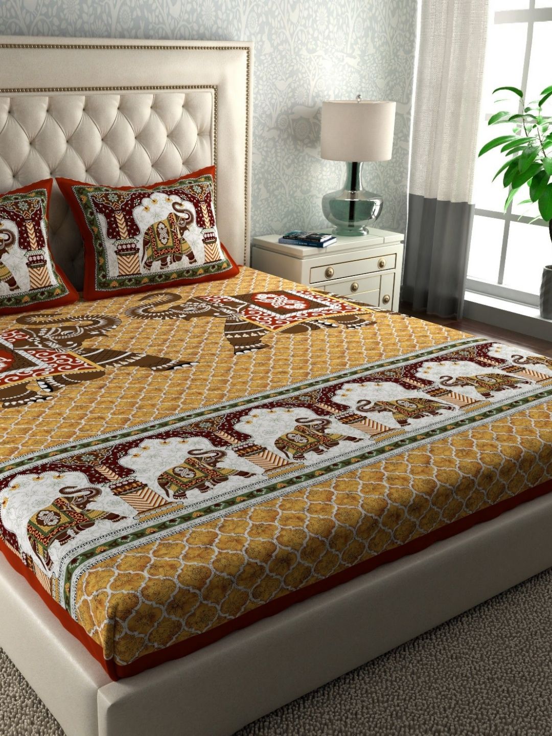 LA VERNE Mustard & White Graphic 144 TC Queen Bedsheet with 2 Pillow Covers-picture-8