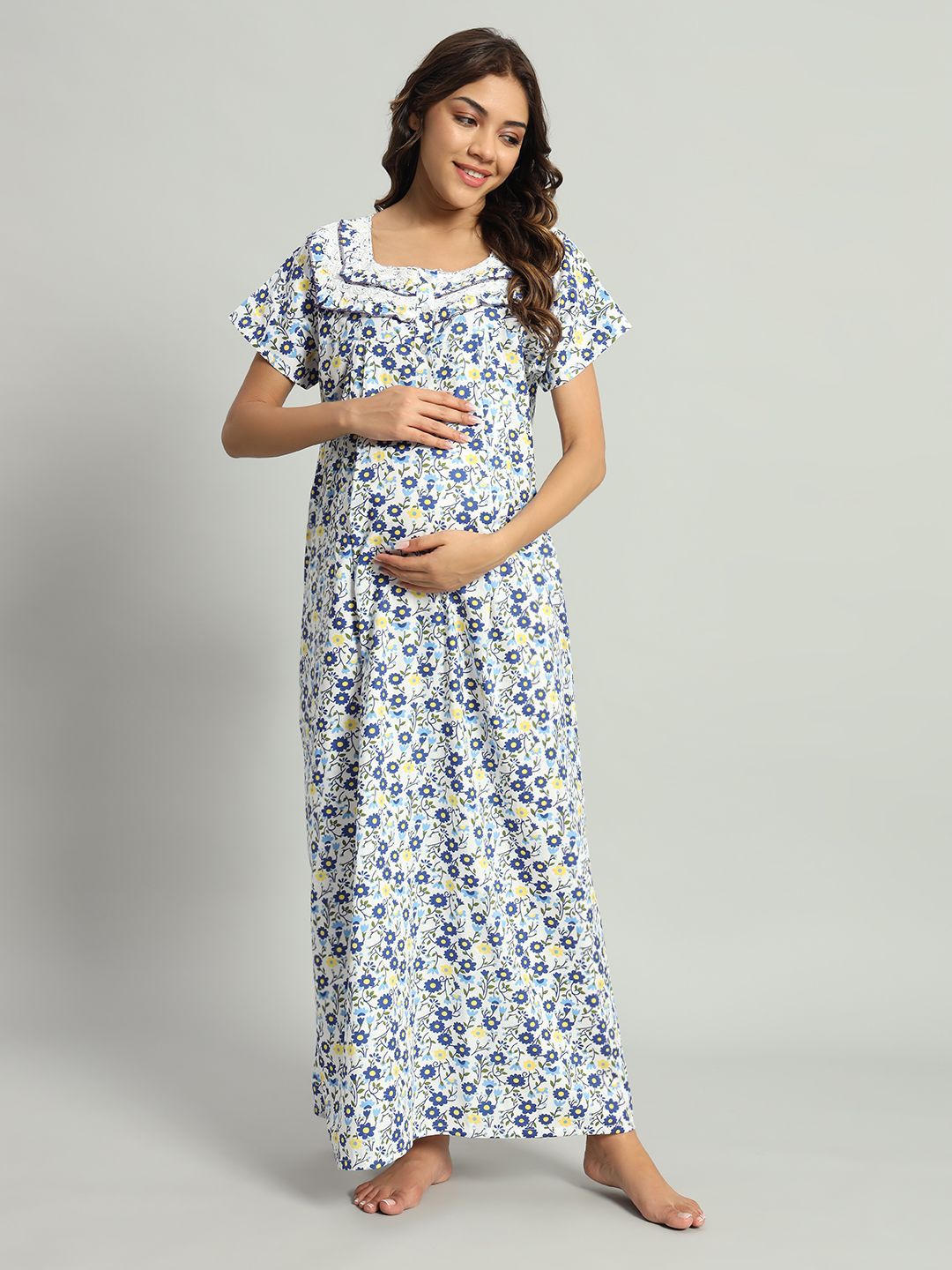 SEPHANI Women Square Neck Printed Maxi Maternity Nightdress-picture-34