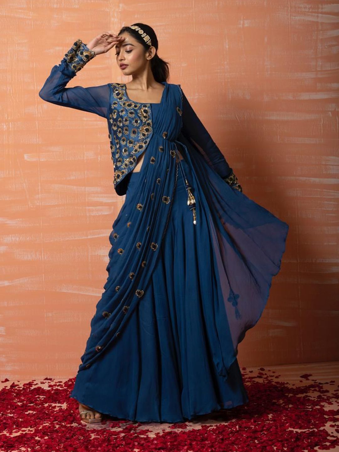 quench a  thirst Quench A Thirst Ethnic Motifs Beads and Stones Net Palazzo Saree-picture-23