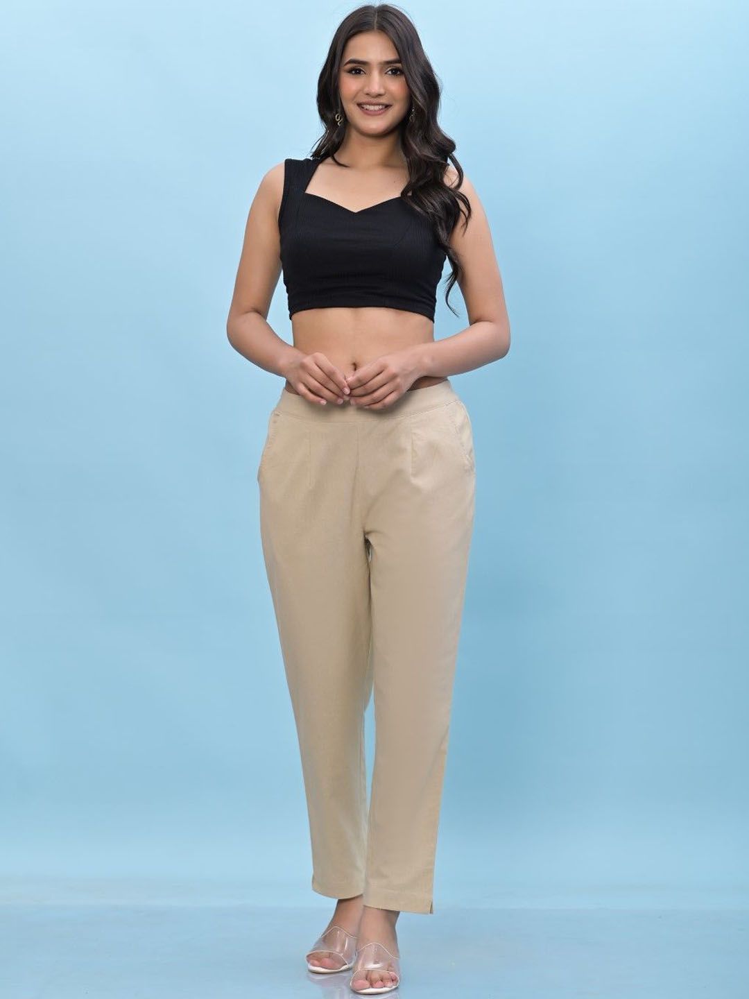 Women's Beige Solid Straight Fit Parallel Trousers main image 1