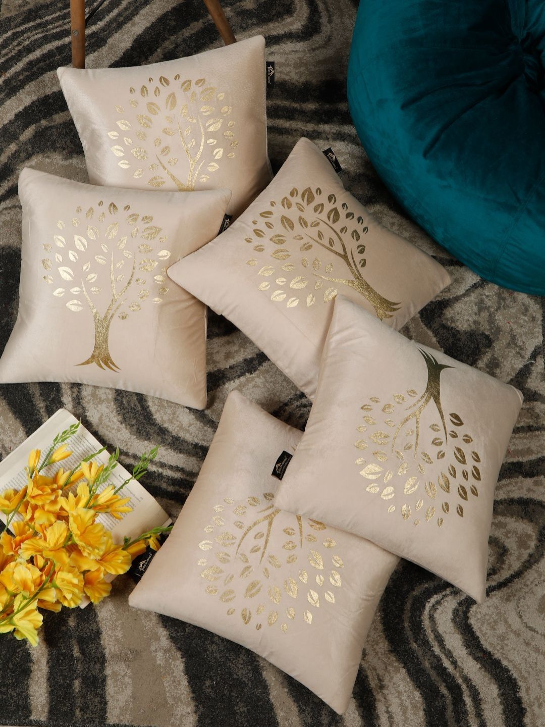 HOSTA HOMES Cream-Coloured & Gold-Toned Set of 5 Ethnic Motifs Velvet Square Cushion Covers-picture-3
