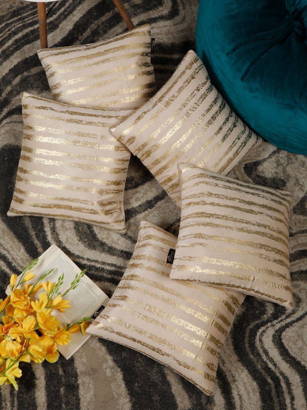 HOSTA HOMES Cream-Coloured & Gold-Toned Set of 5 Striped Velvet Square Cushion Covers-picture-0