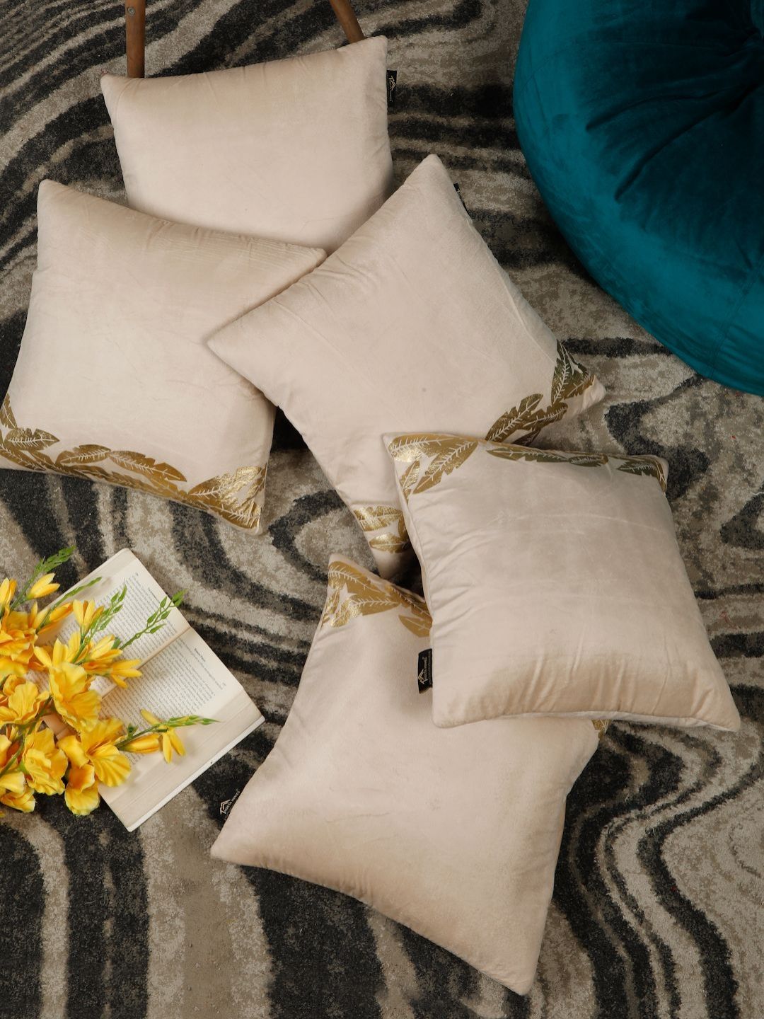 HOSTA HOMES Cream-Coloured & Gold-Toned Set of 5 Ethnic Motifs Velvet Square Cushion Covers-image-45