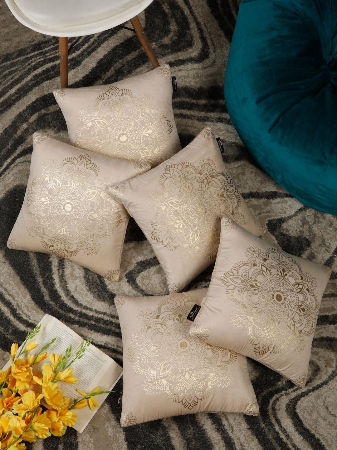 HOSTA HOMES Cream-Coloured & Gold-Toned Set of 5 Geometric Velvet Square Cushion Covers-picture-20