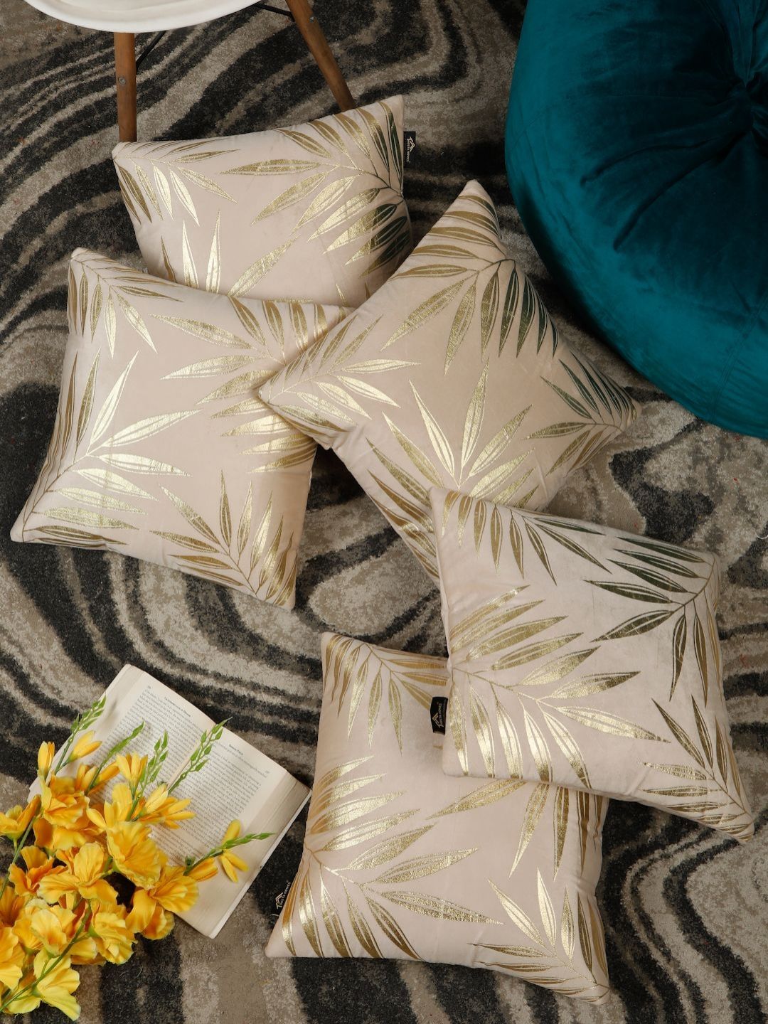 HOSTA HOMES Cream-Coloured & Gold-Toned Set of 5 Geometric Velvet Square Cushion Covers