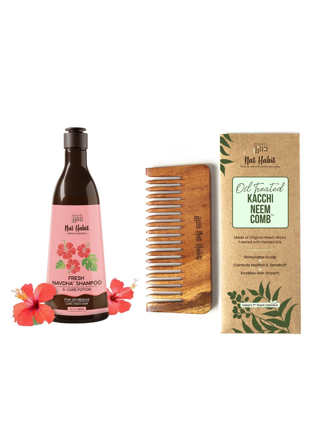 Nat Habit Five Oil Hibiscus Fresh Navdha Shampoo 250ml & Kacchi Oil Treated Neem Wood Comb-picture-38