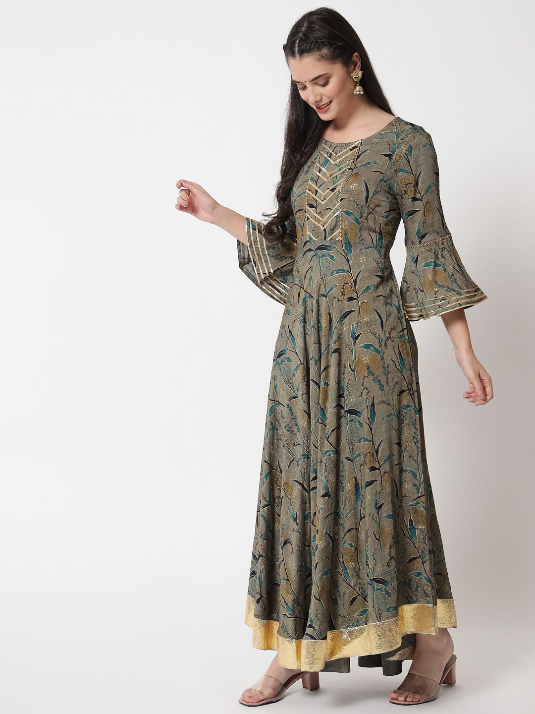 Colorful Flower Print Bell Sleeve Casual Dress