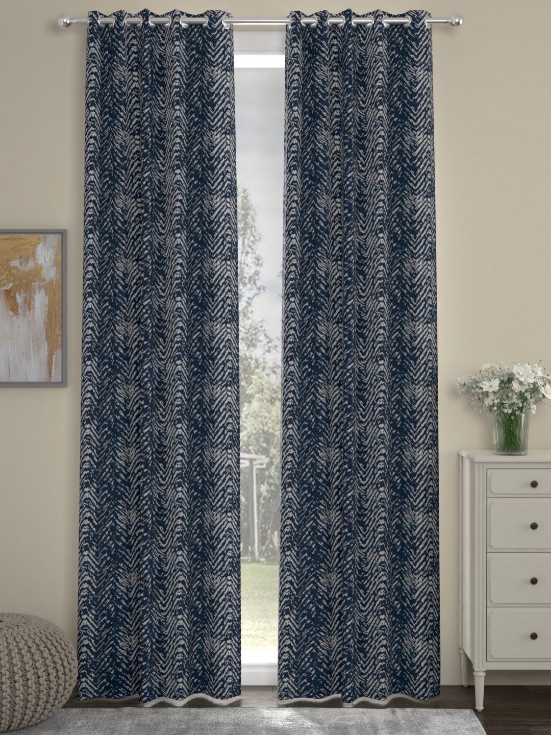Myntra Elegant Homes Navy Blue & Grey Set of 2 Geometric Long Door Curtain-picture-29