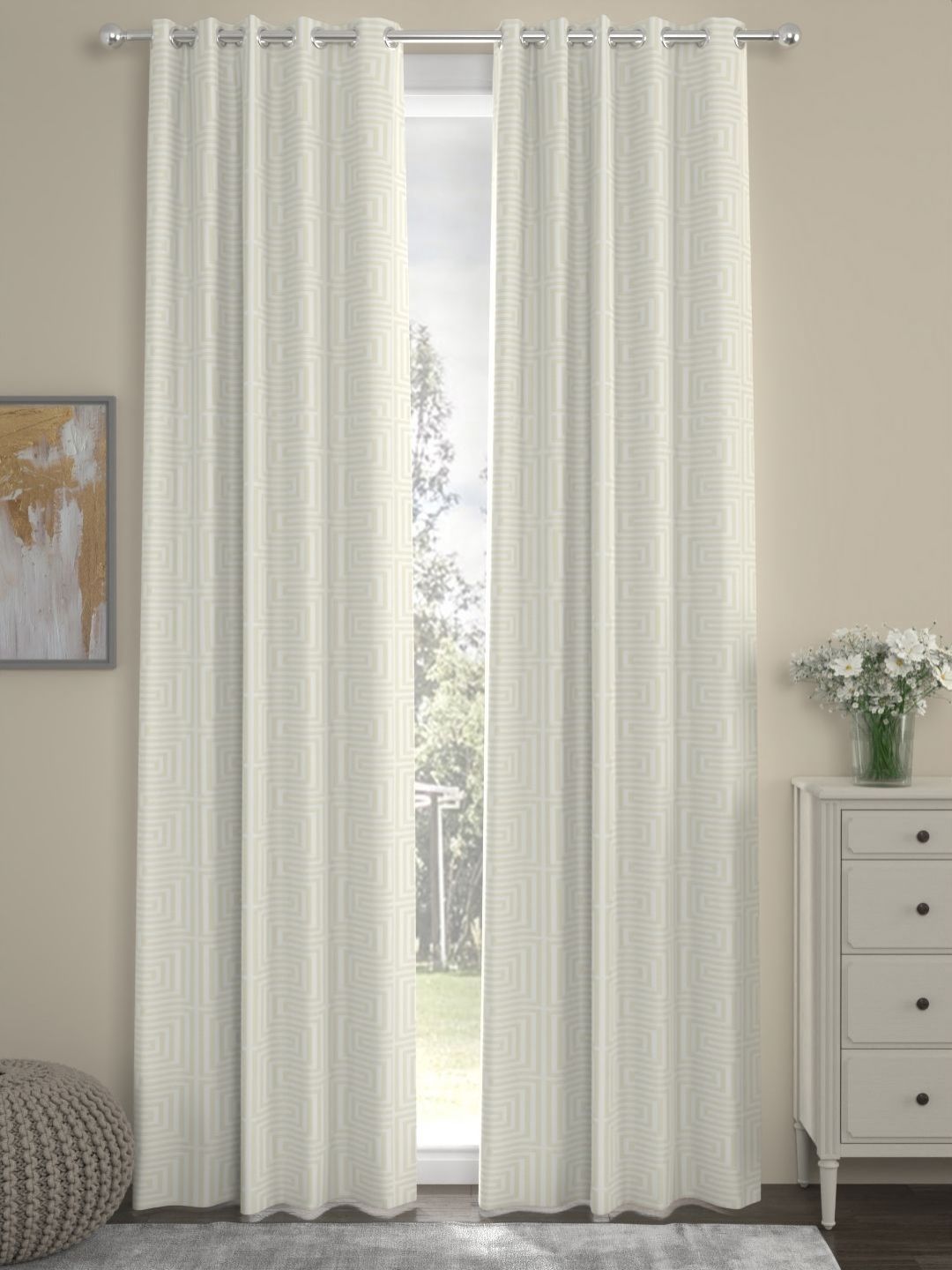 Myntra Elegant Homes Off White Set of 2 Geometric Long Door Curtain-image-27