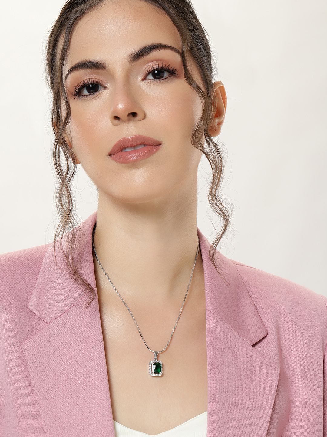 Estele Rhodium-Plated Geometric CZ Pendant with Chain-picture-29