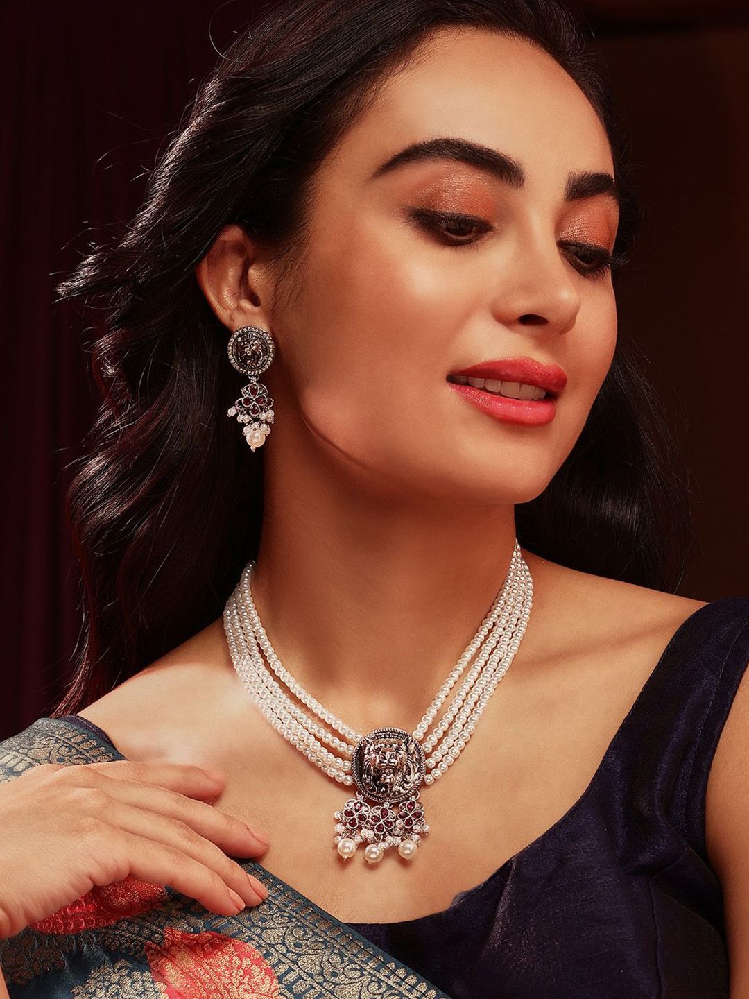 Priyaasi Sliver-Plated Stones Studded & Pearl Beaded Lion Face Oxidised Jewellery Set-picture-10