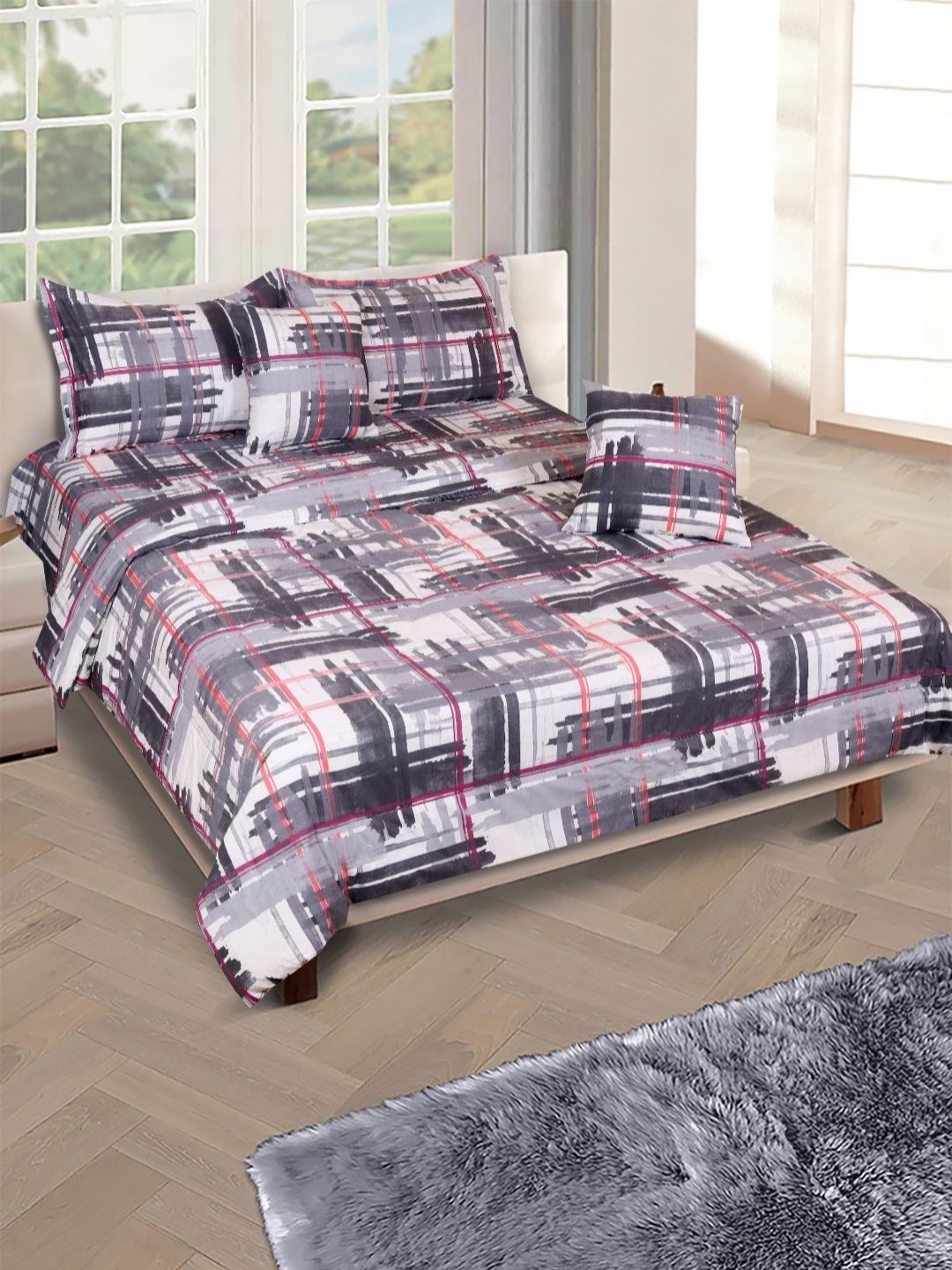 Myntra Elegant Homes Grey & White Checked Cotton 6 Piece Double Queen Superfine Bedding Set-image-37