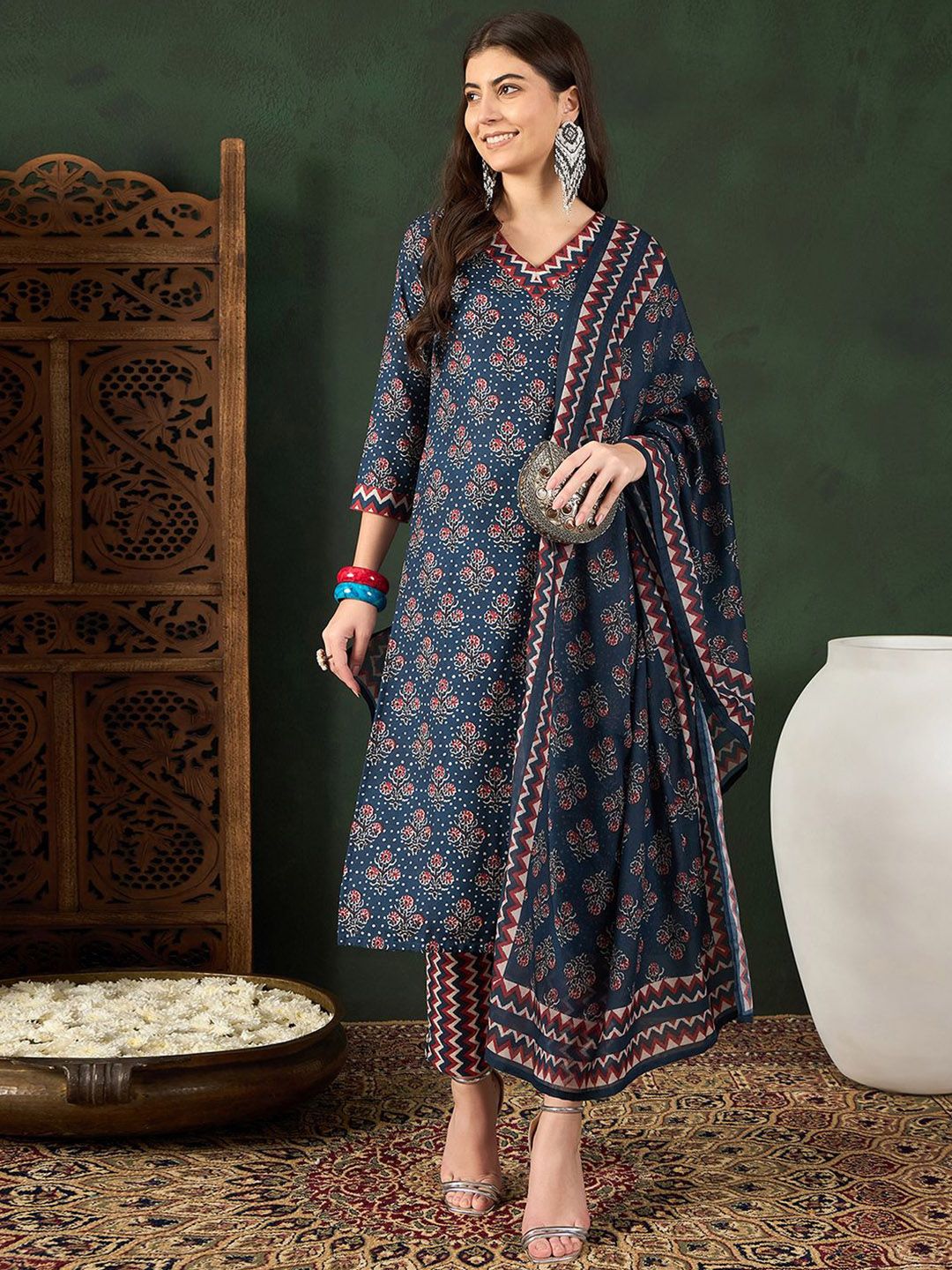 KALINI Floral Printed Straight Kurta With Trousers & Dupatta-picture-22