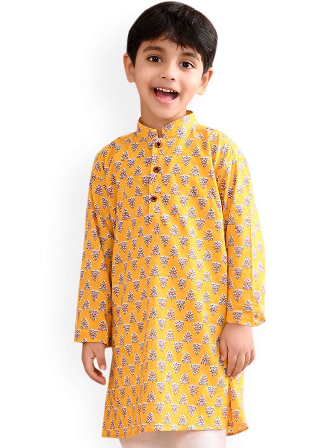 Sangria Boys Yellow & Blue Floral Printed Mandarin Collar Straight Cotton Kurta
