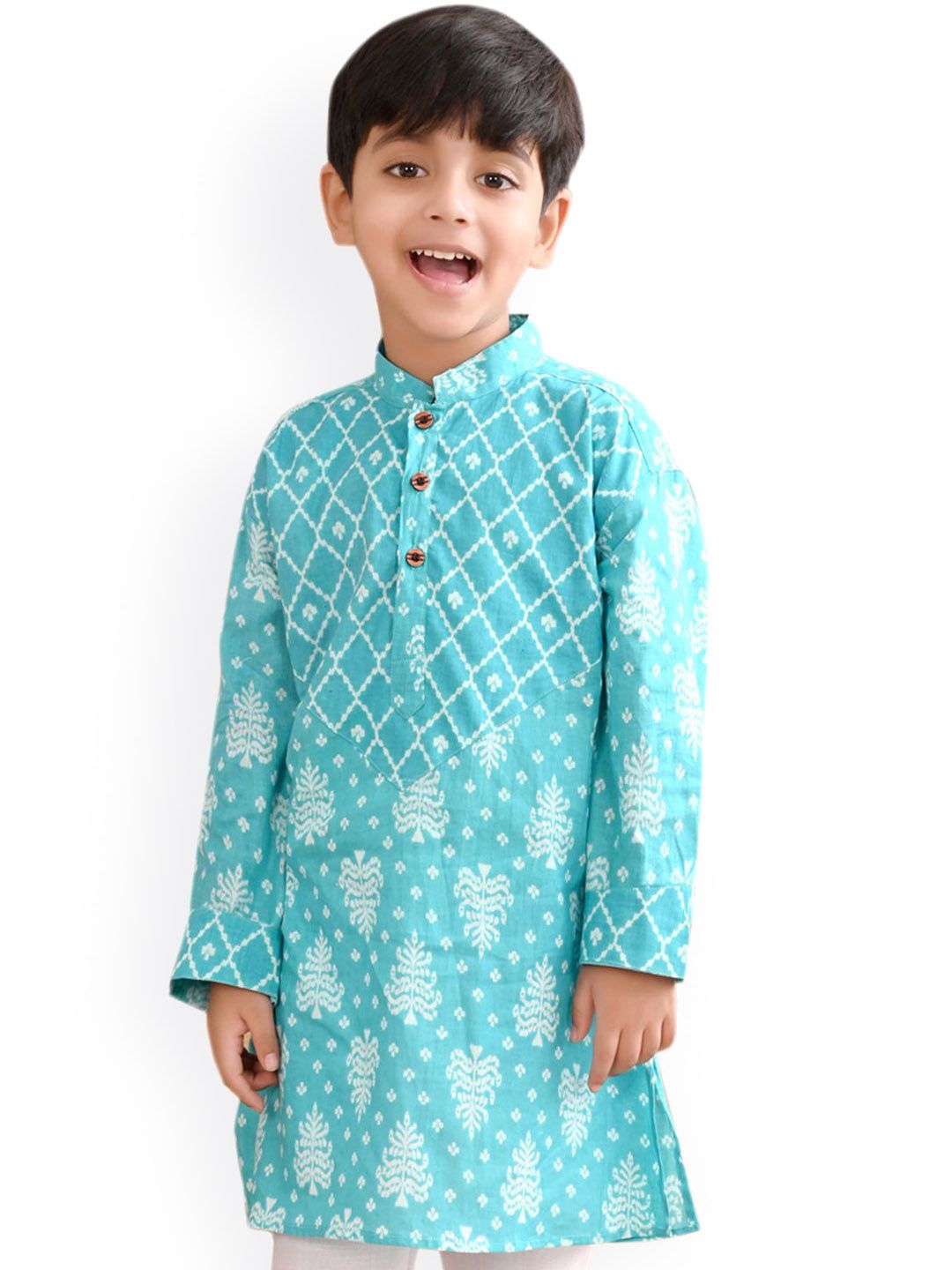 Sangria Boys Blue & White Floral Printed Mandarin Collar Straight Cotton Kurta-picture-18