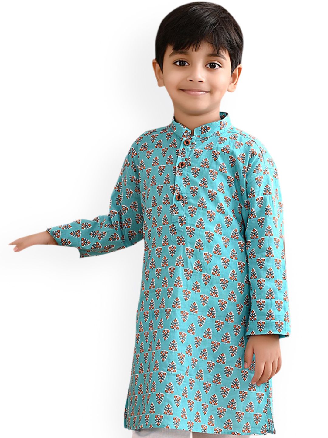 Sangria Blue Boys Ethnic Motifs Printed Mandarin Collar Cotton Straight Kurta-picture-14