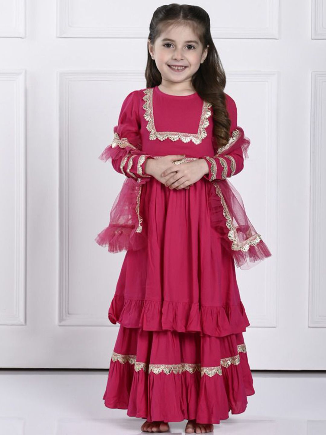 THE PONY & PEONY CO. Girls Floral Yoke Design Regular Gotta Patti Kurta with Sharara & With Dupatta-picture-51