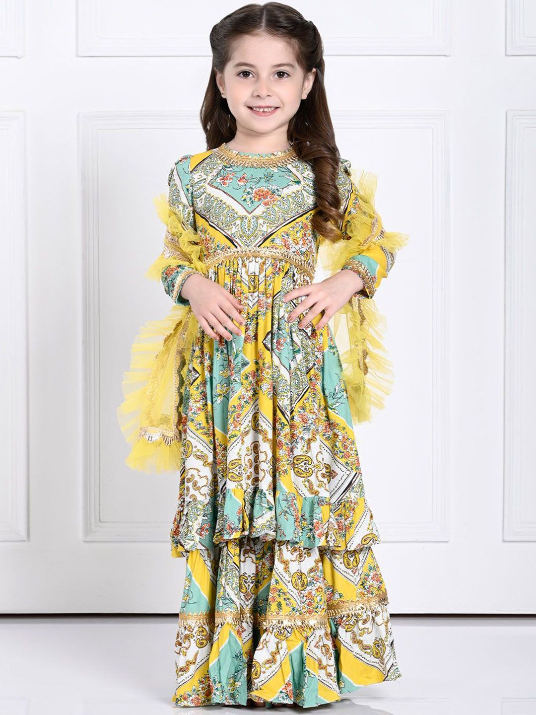 THE PONY & PEONY CO. Girls Ethnic Motifs Printed Pleated Gotta Patti Kurta with Sharara & With Dupatta-picture-57