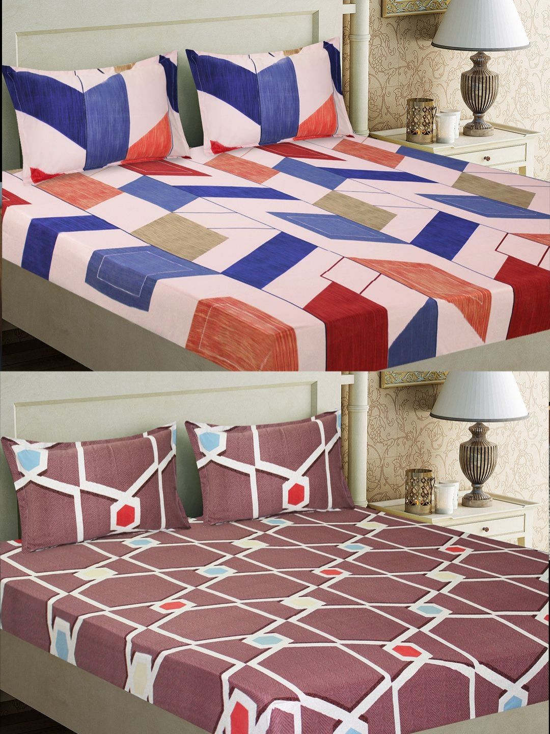 Aura Brown & Blue Geometric 160 TC 2 Queen Bedsheet with 4 Pillow Covers-picture-29