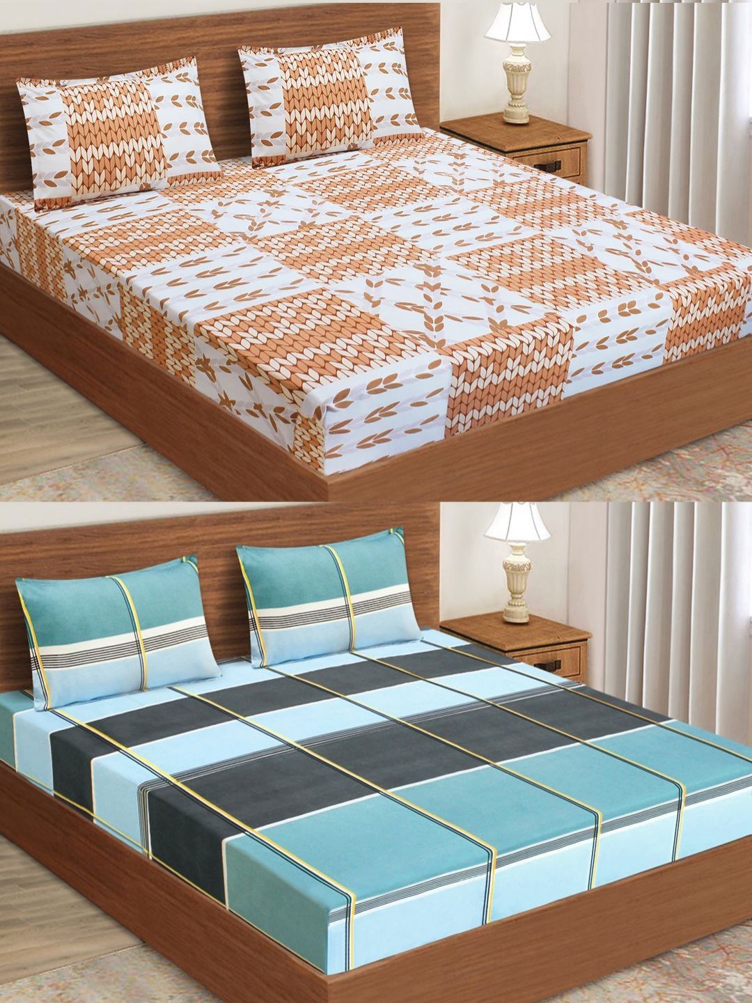 Aura Brown & Blue Geometric 160 TC 2 Queen Bedsheet with 4 Pillow Covers-picture-28