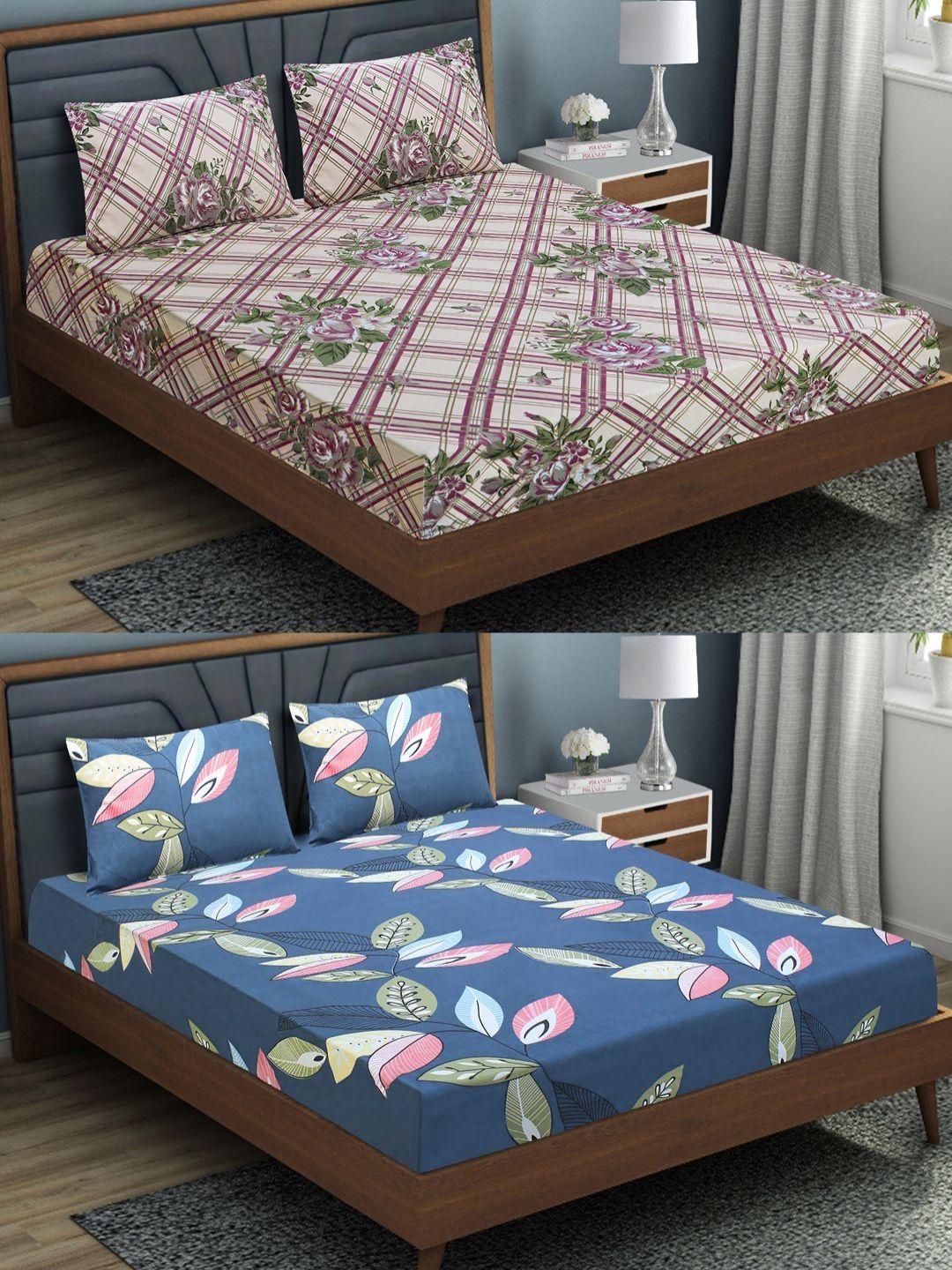 Aura Brown & Blue Floral 144 TC 2 Queen Bedsheet with 4 Pillow Covers-picture-27