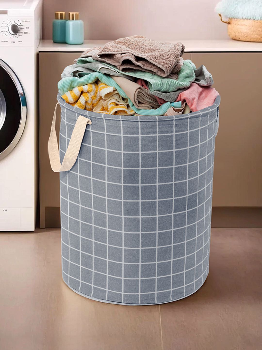 Kuber Industries 
Grey & White Checked Cotton Round Laundry Bag-picture-16