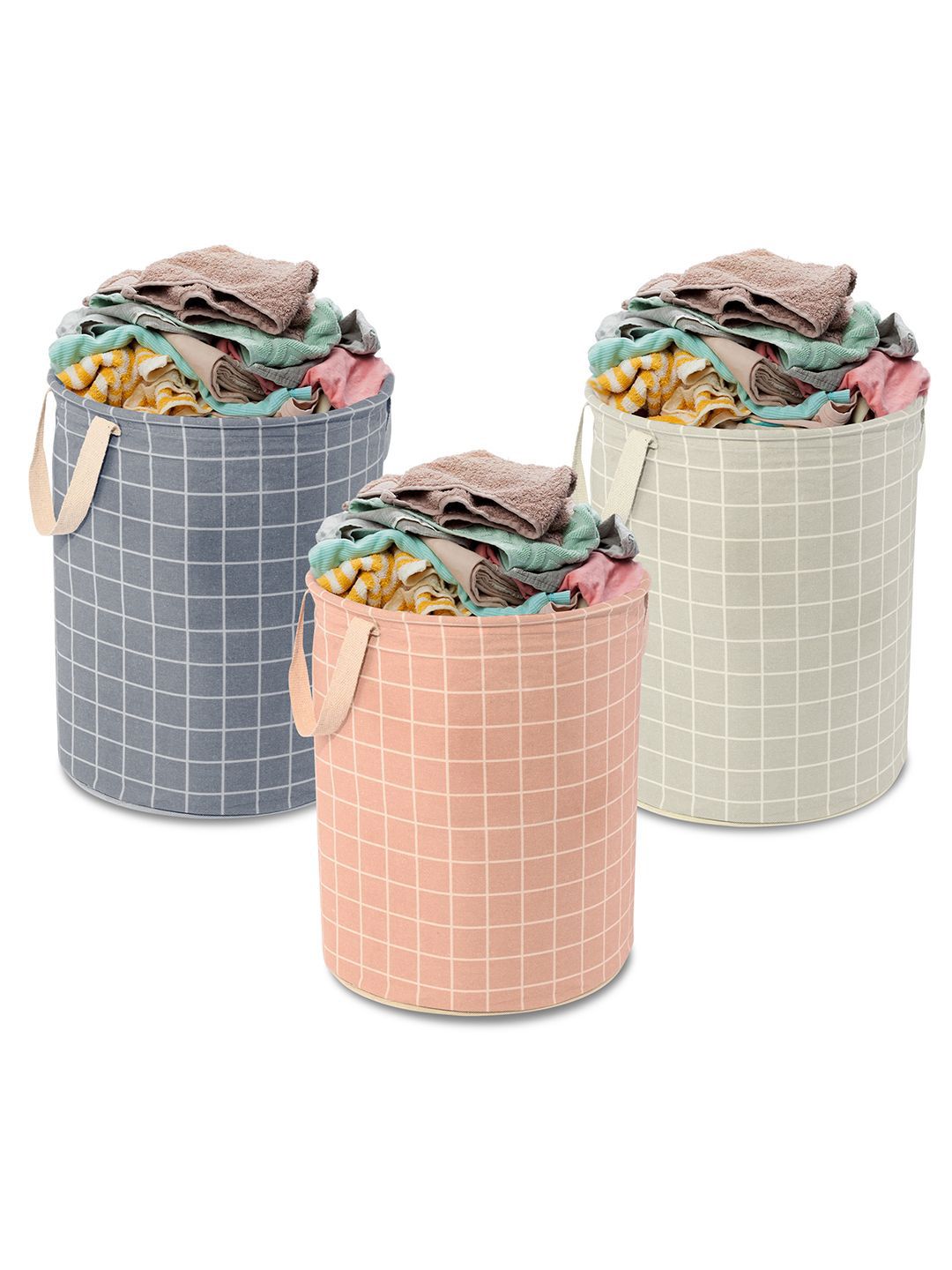 Kuber Industries 3-Pcs Grey & Brown Checked Cotton Round Laundry Bag-image-23
