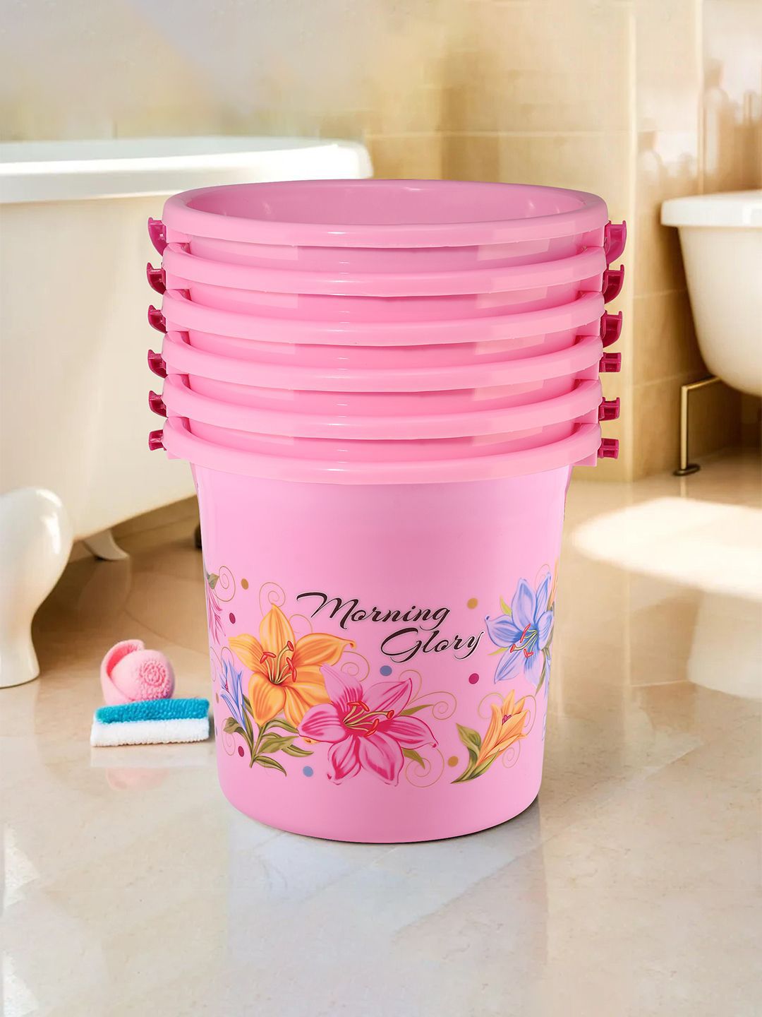 Kuber Industries Pink 6 piece Floral Plastic Bath Accessories Set-image-37