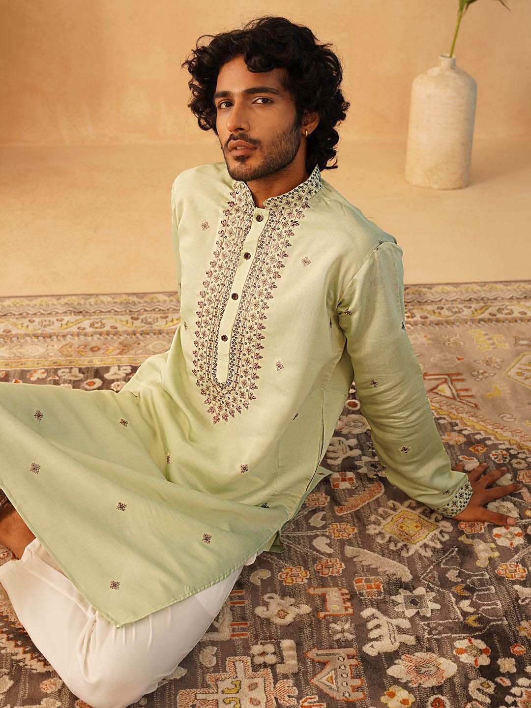 Jompers Men Floral Embroidered Regular Sequinned Kurta with Pyjamas-picture-17