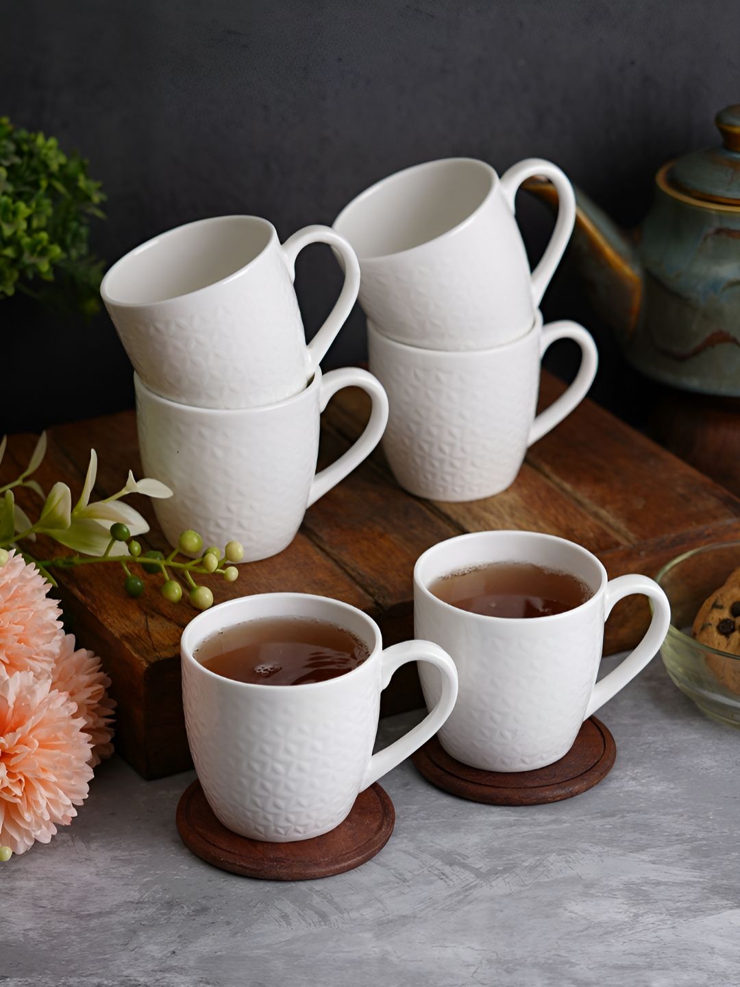 CDI White Checked Textured Bone China Glossy Mugs Set of Cups and Mugs-image-5